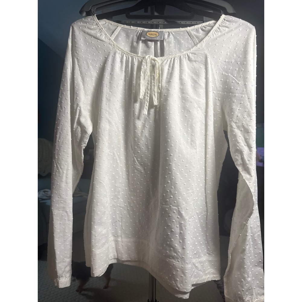 Talbots White Swiss Dot Long Sleeve Blouse Front Tie Round Neck Top Womens